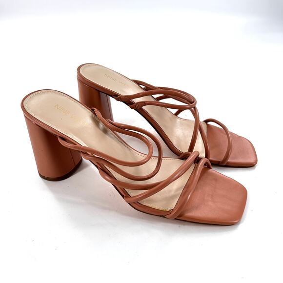 Nine West Getcha Heels 12 Tan NWOT Sandals Mules Strappy Block Heel 90s Y2K - Picture 5 of 6